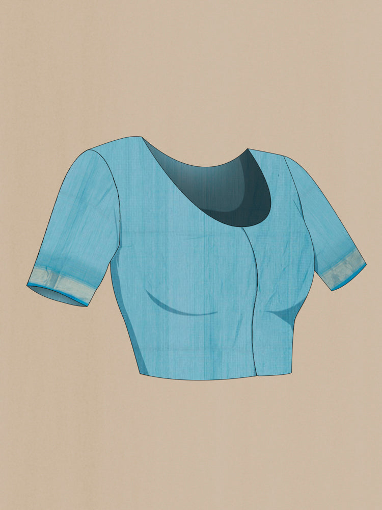 Close up image of the blouse of Sky Blue Maheshwari Silk Cotton Saree with Zari Butta on the body and Silk Border. 