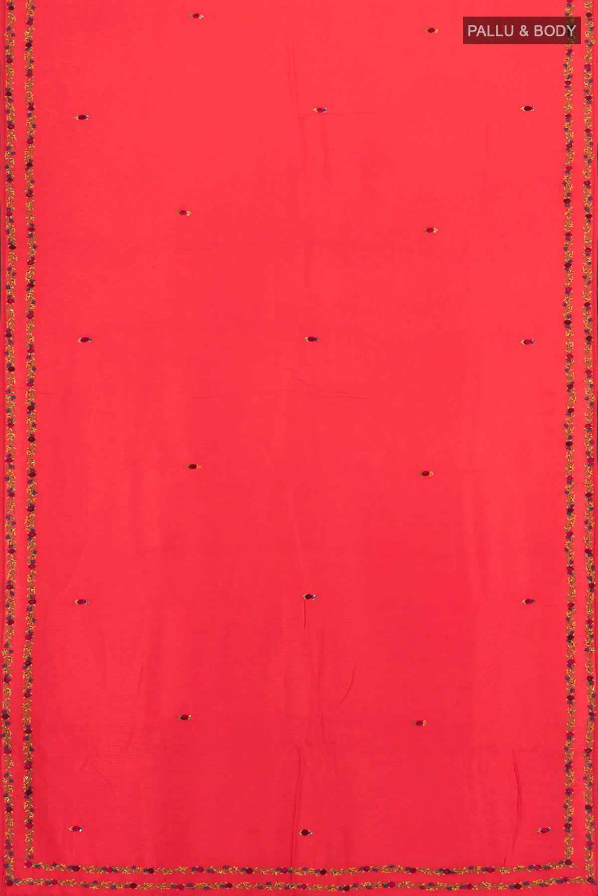 Flat view of Orange Blended Art Silk Saree with Embroidery on the body and Embroidery Border. 