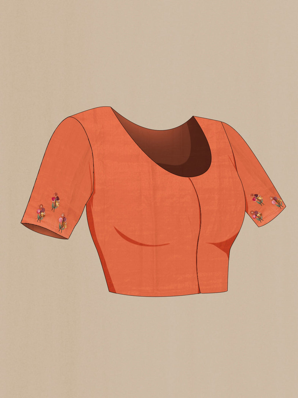 Close up image of the blouse of Orange Blended Art Silk Saree with Embroidery on the body and Embroidery Border. 