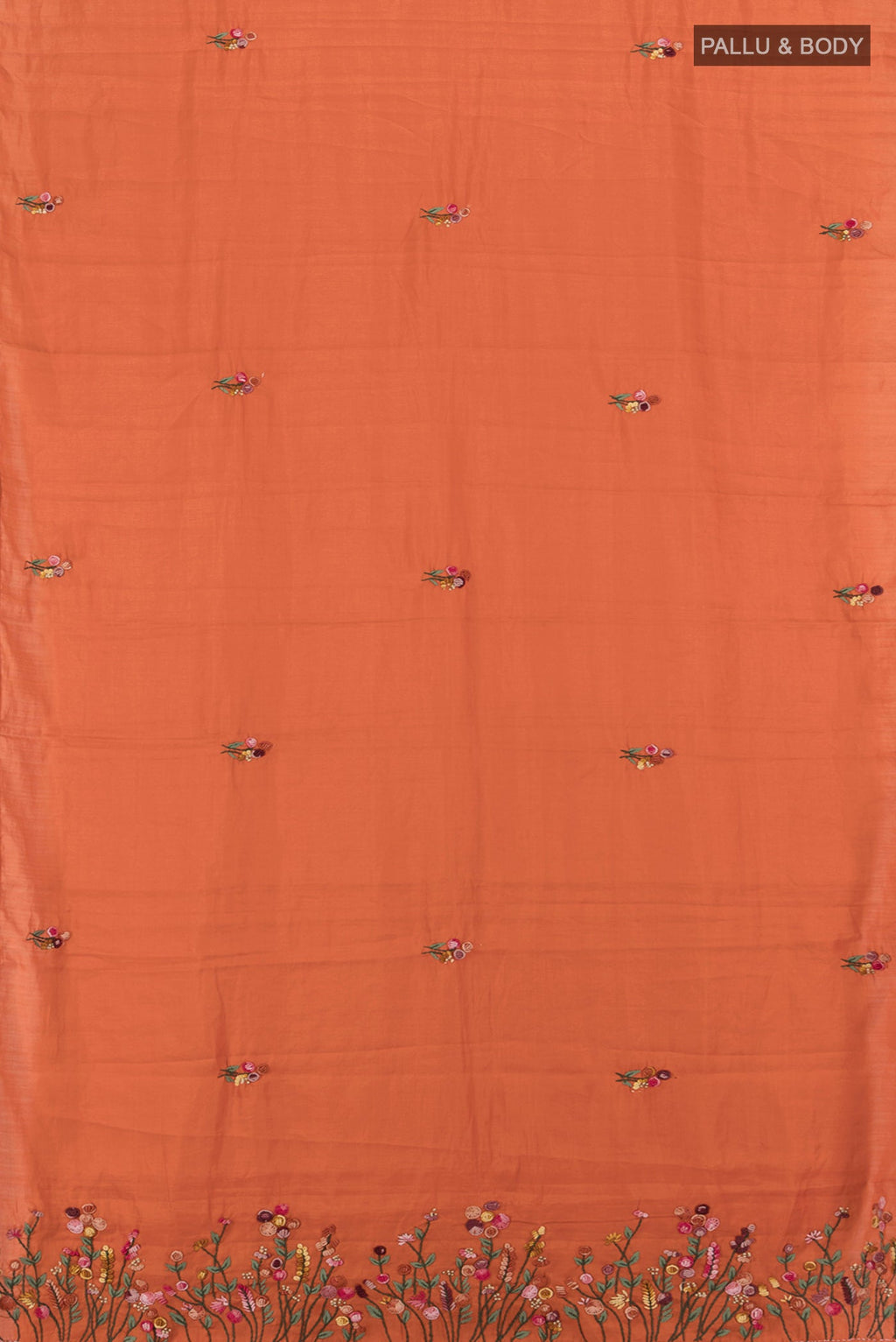 Flat view of Orange Blended Art Silk Saree with Embroidery on the body and Embroidery Border. 