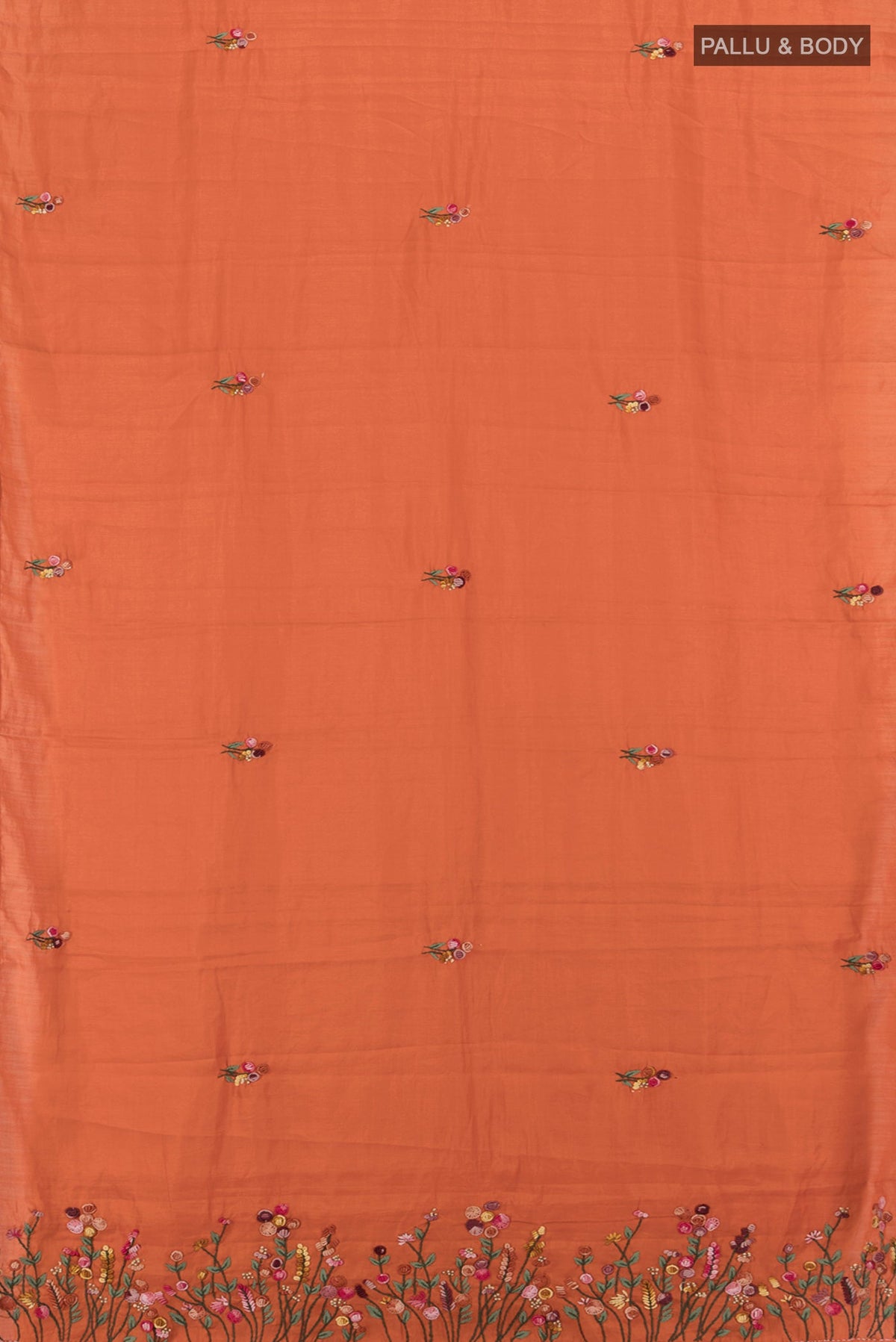 Flat view of Orange Blended Art Silk Saree with Embroidery on the body and Embroidery Border. 
