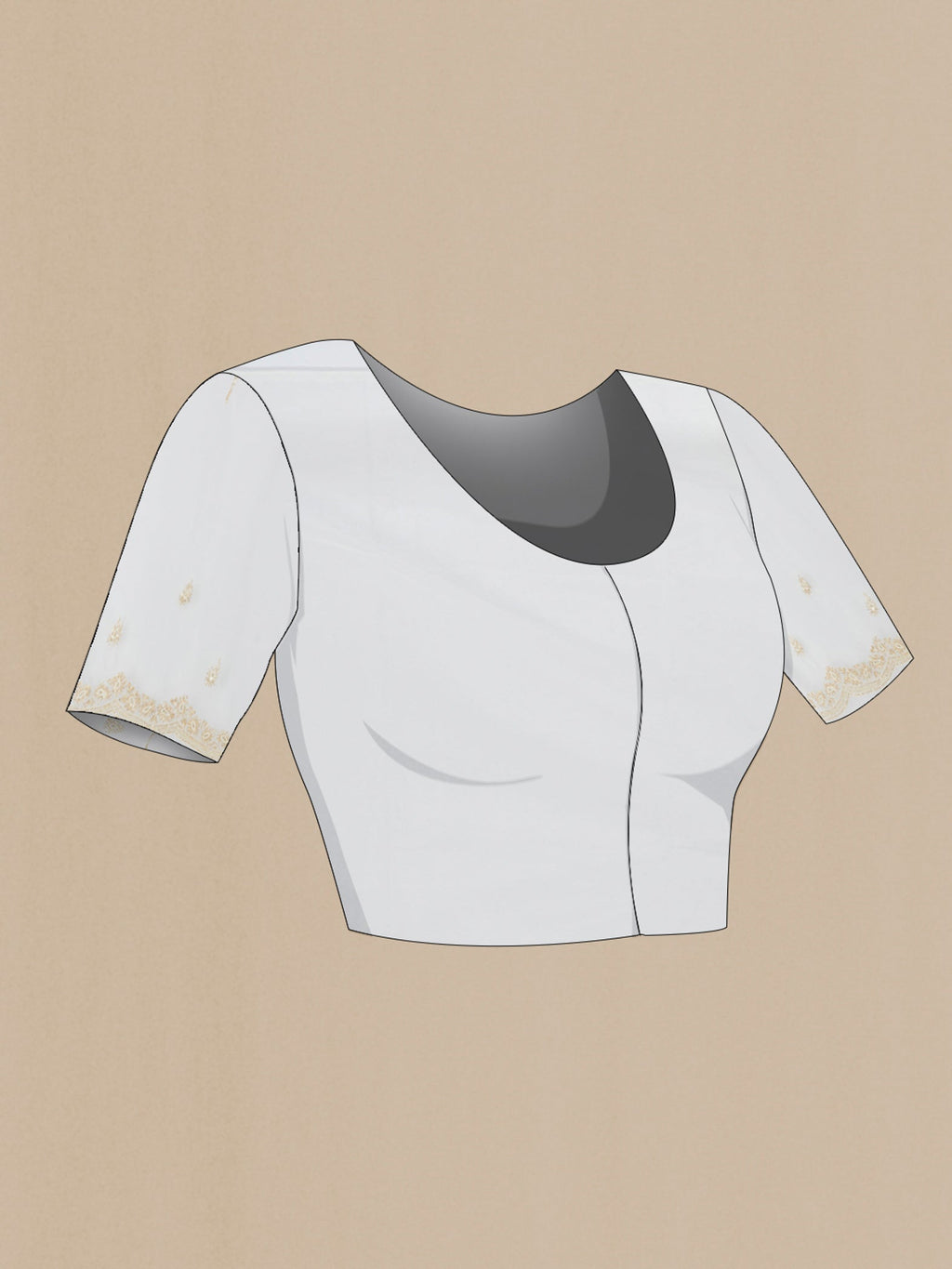 Close up image of the blouse of Cream Embroidery Net Saree with Embroidery on the body and Silk Border. 