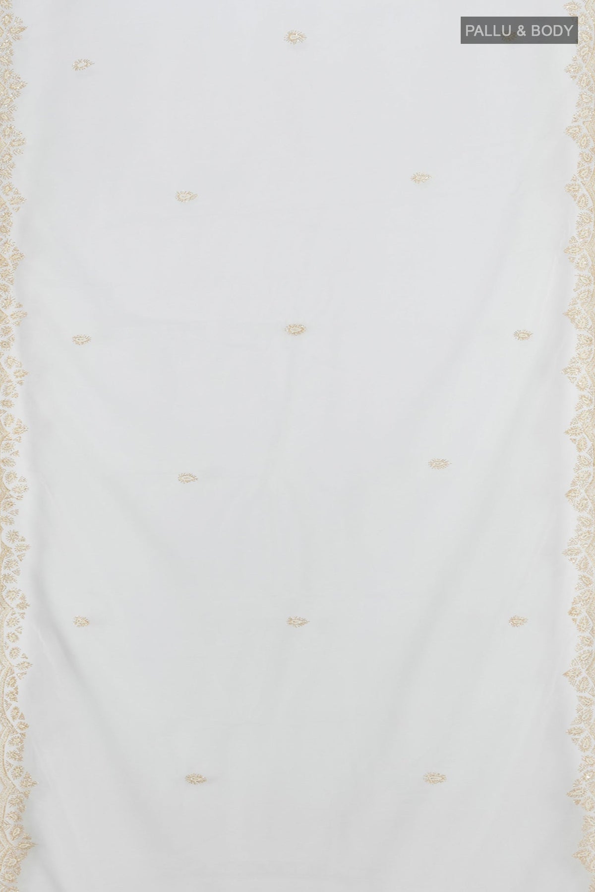 Flat view of Cream Embroidery Net Saree with Embroidery on the body and Silk Border. 