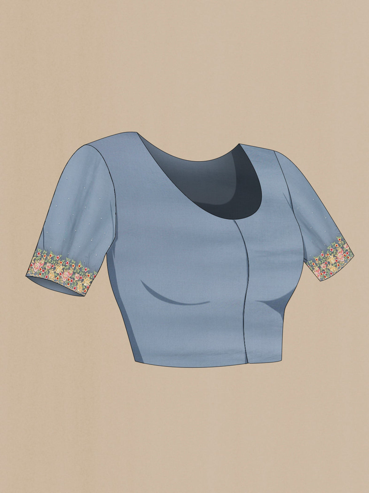 Close up image of the blouse of Navy Blue Blended Embroidery Net Saree with Embroidery on the body and Embroidery Border. 