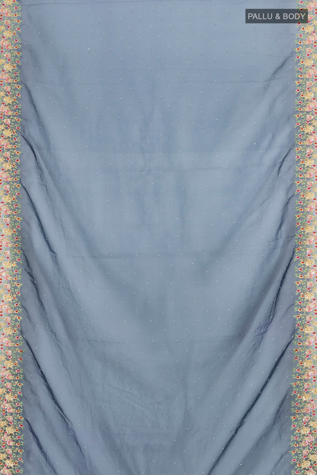 Flat view of Navy Blue Blended Embroidery Net Saree with Embroidery on the body and Embroidery Border. 