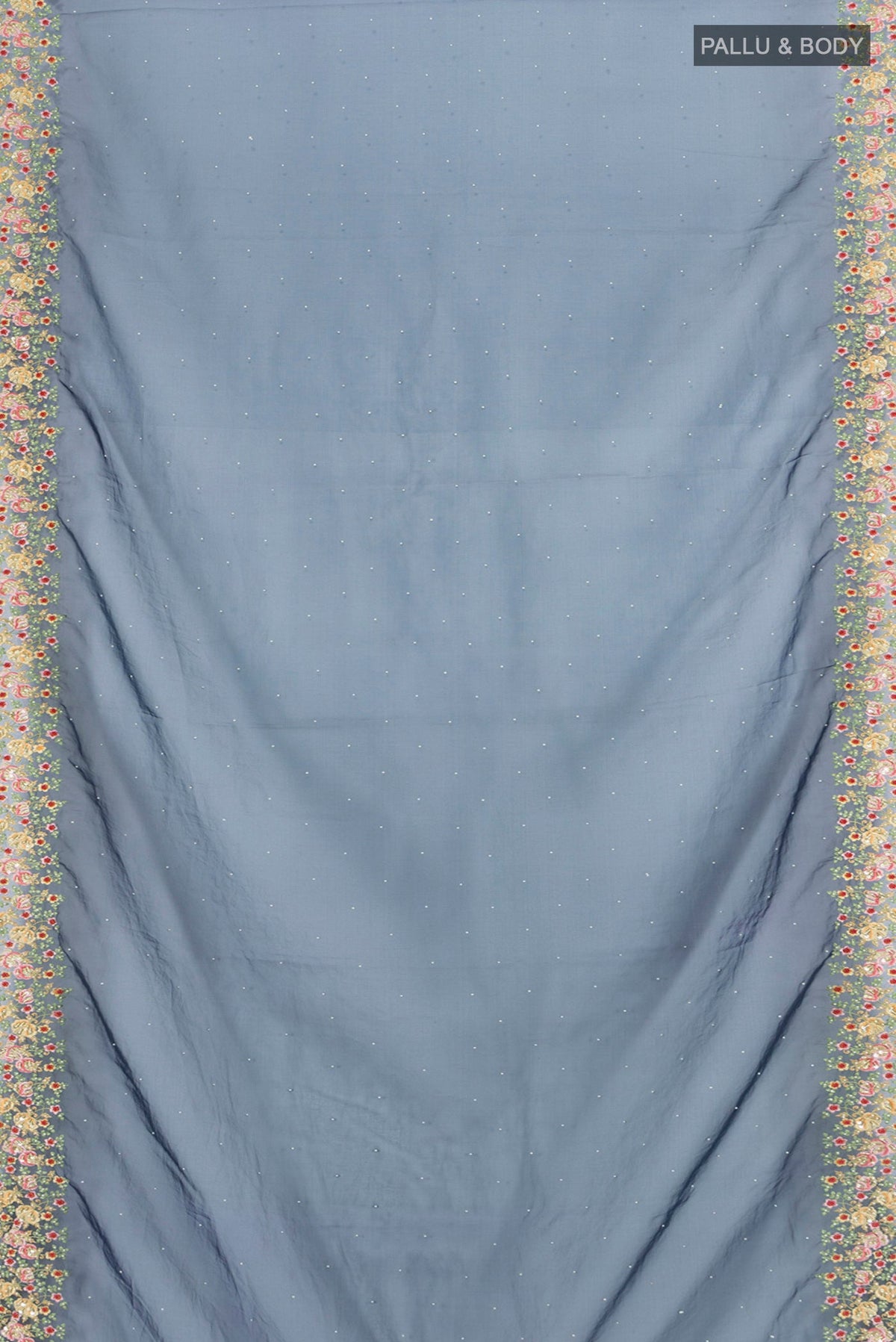 Flat view of Navy Blue Blended Embroidery Net Saree with Embroidery on the body and Embroidery Border. 