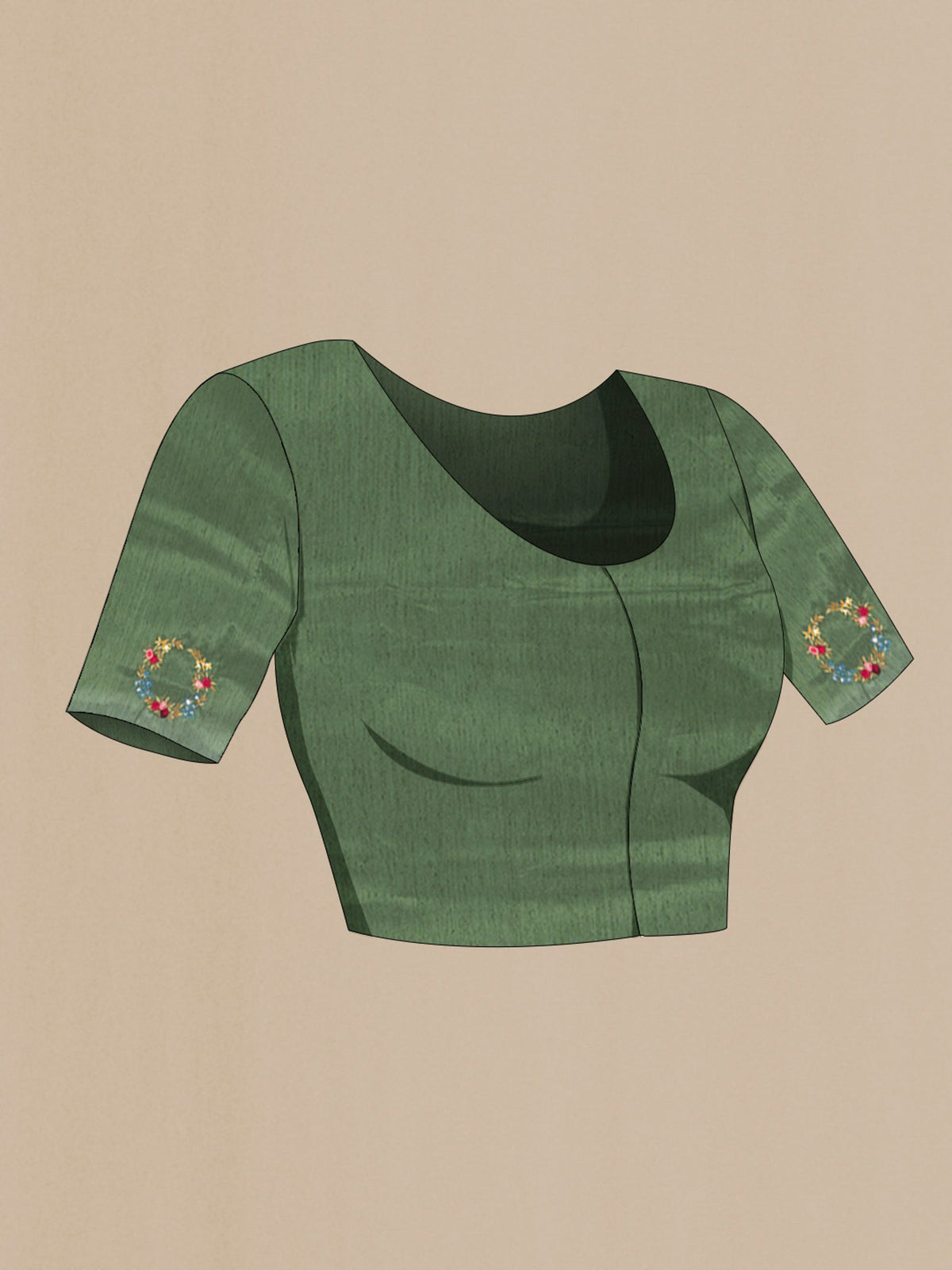 Close up image of the blouse of Olive Green Art Silk Saree with Embroidery on the body and Embroidery Border. 