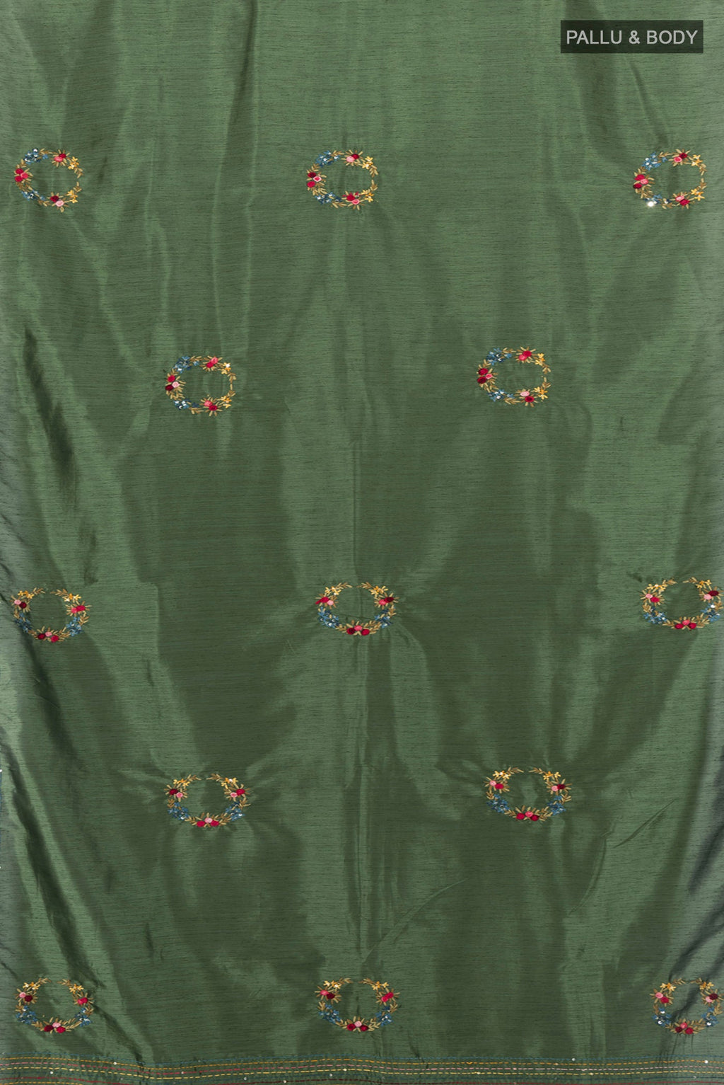 Flat view of Olive Green Art Silk Saree with Embroidery on the body and Embroidery Border. 
