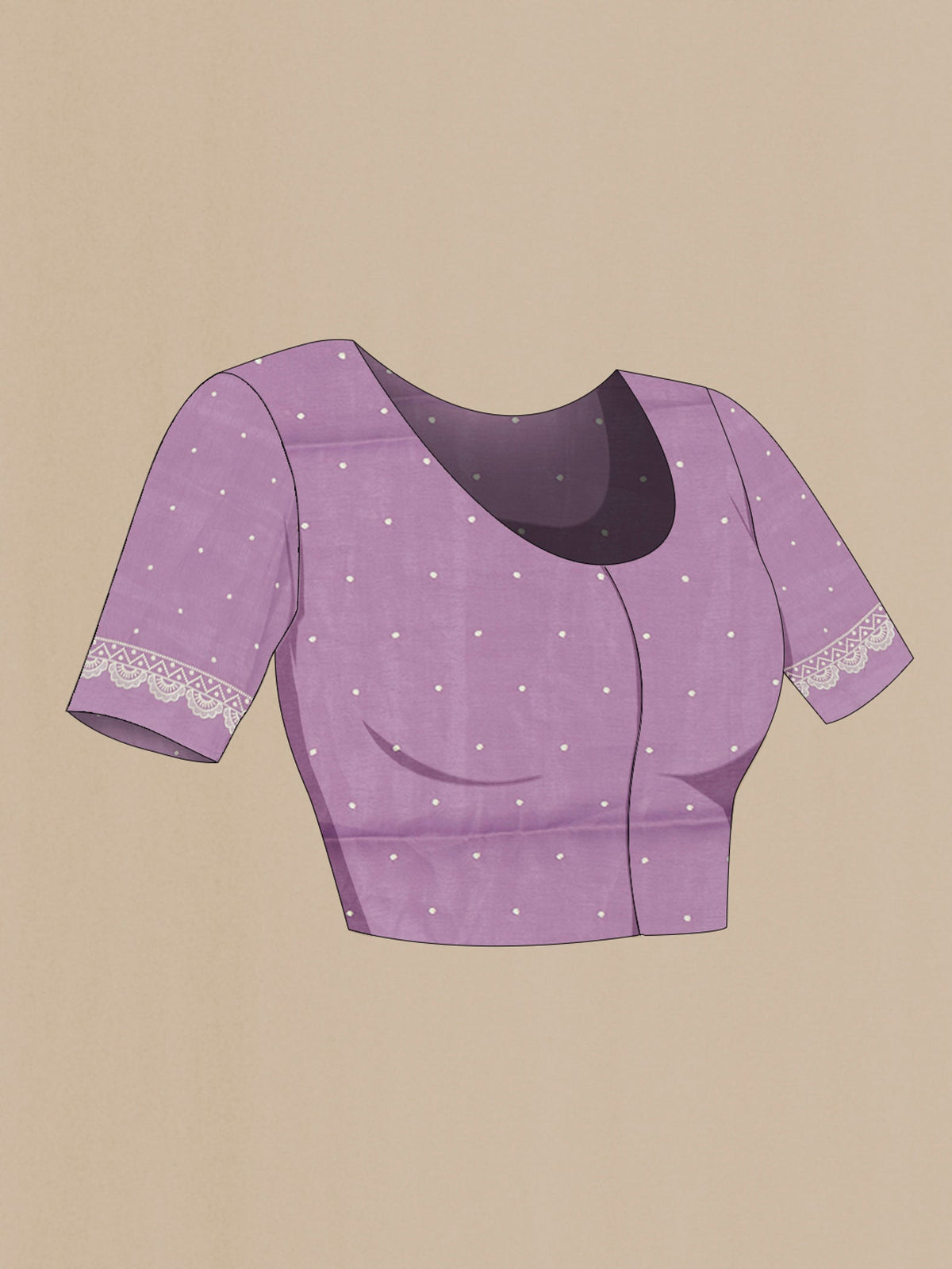 Close up image of the blouse of Lavender Art Silk Saree with Embroidery on the body and Silk Border. 