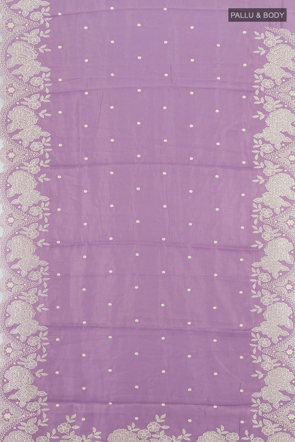 Flat view of Lavender Art Silk Saree with Embroidery on the body and Silk Border. 