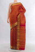 Pure Silk Pure Zari Maroon Kanjivaram Saree with Zari Brocade on the body and Zari Border.  displayed on a mannequin