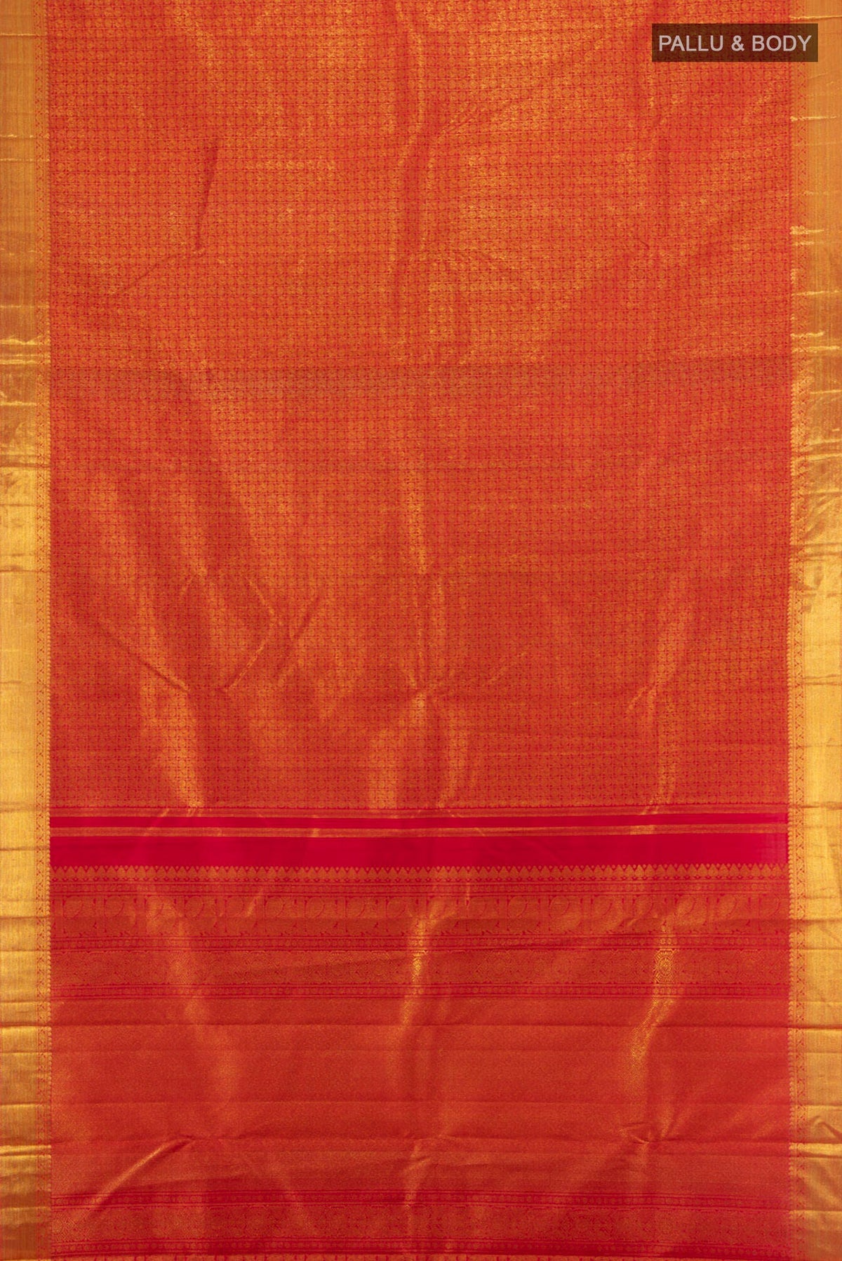 Flat view of Pure Silk Pure Zari Maroon Kanjivaram Saree with Zari Brocade on the body and Zari Border. 