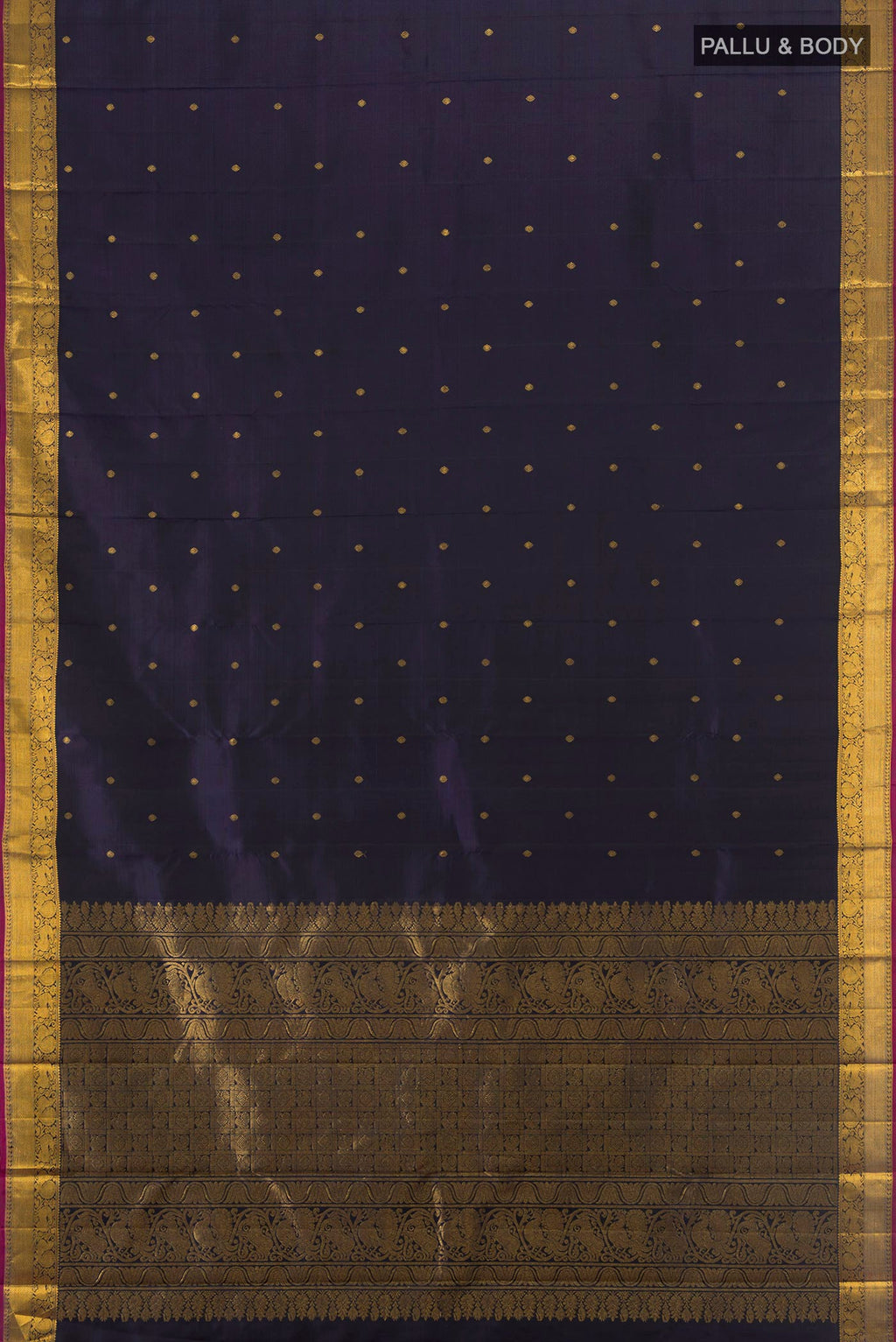 Flat view of Pure Silk Pure Zari Navy Blue Kanjivaram Saree with Zari Butta on the body and Silk Border. 