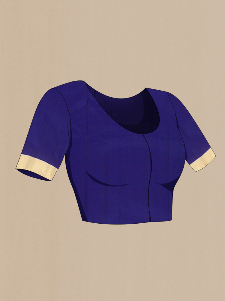 Close up image of the blouse of Dark Blue Kanjivaram Silk Saree with Zari Butta on the body and Silk Border. 