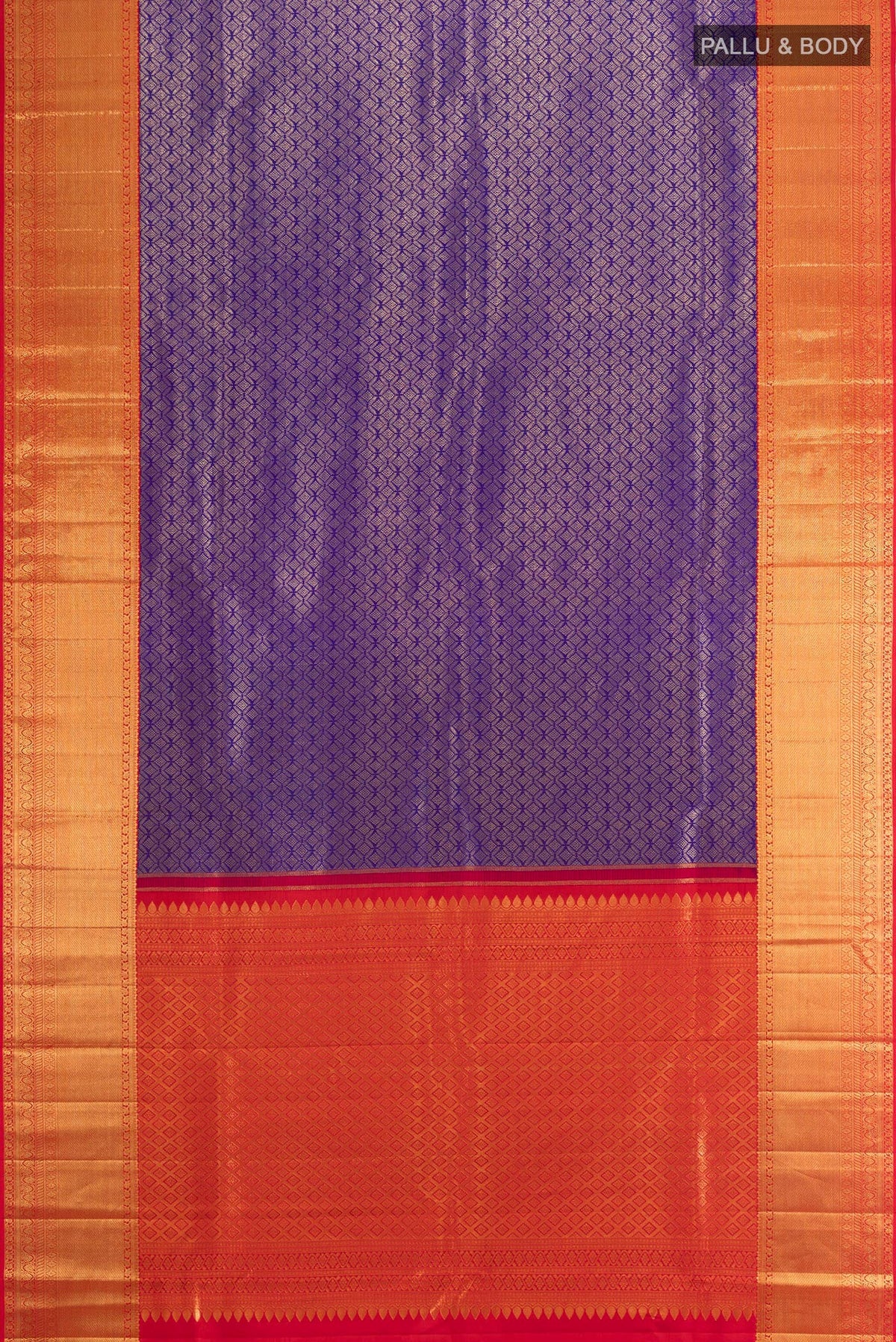 Flat view of Violet Kanchipuram Silk Saree with Zari Brocade on the body and Zari Border. 