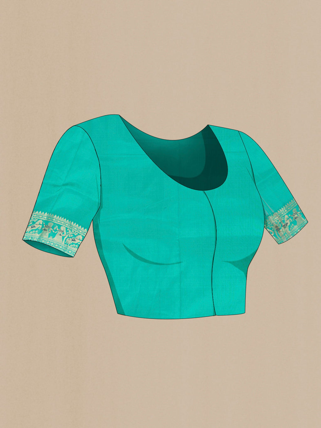 Close up image of the blouse of Turquoise Baluchari Silk Saree with Zari And Thread Butta on the body and Zari Border. 