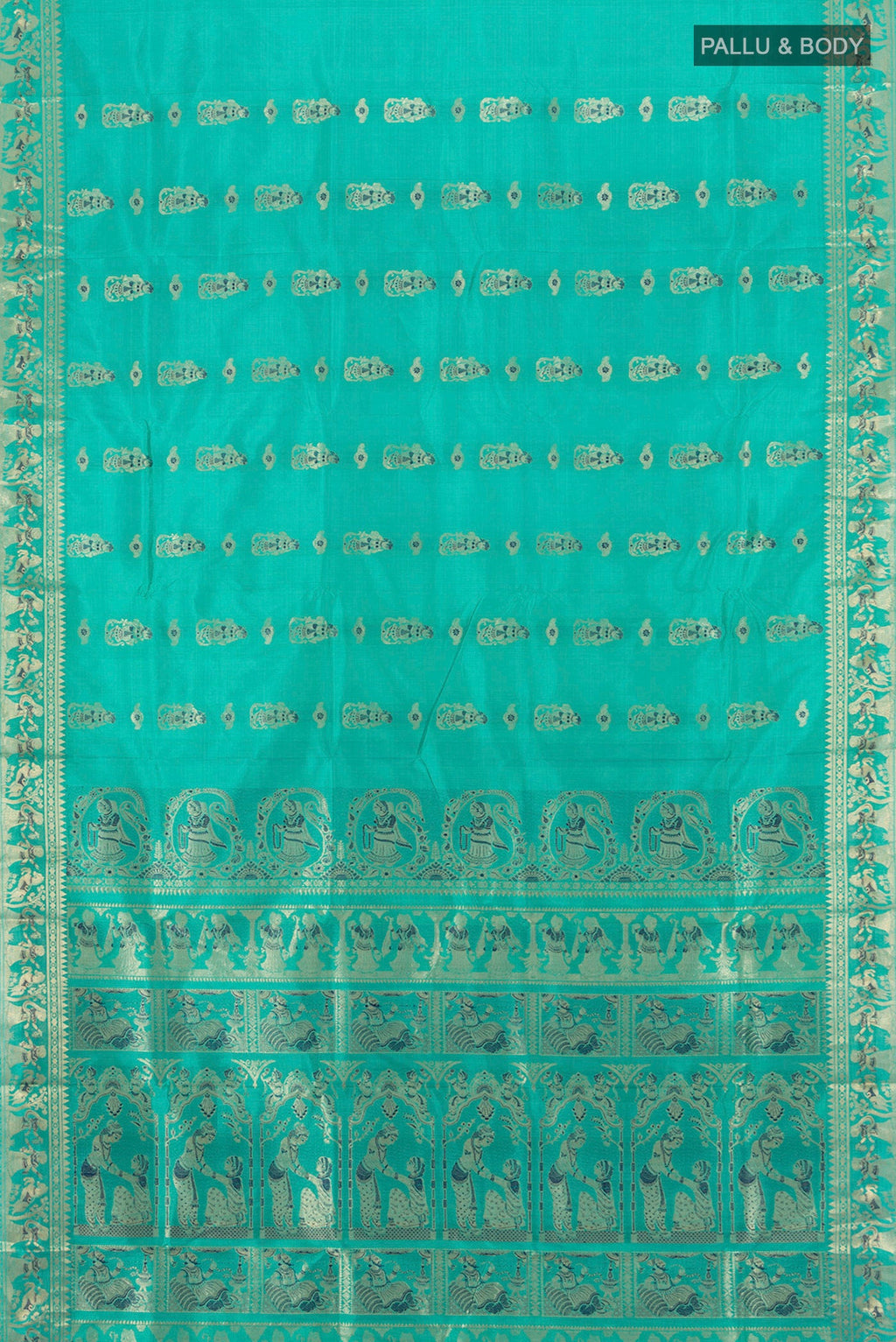 Flat view of Turquoise Baluchari Silk Saree with Zari And Thread Butta on the body and Zari Border. 