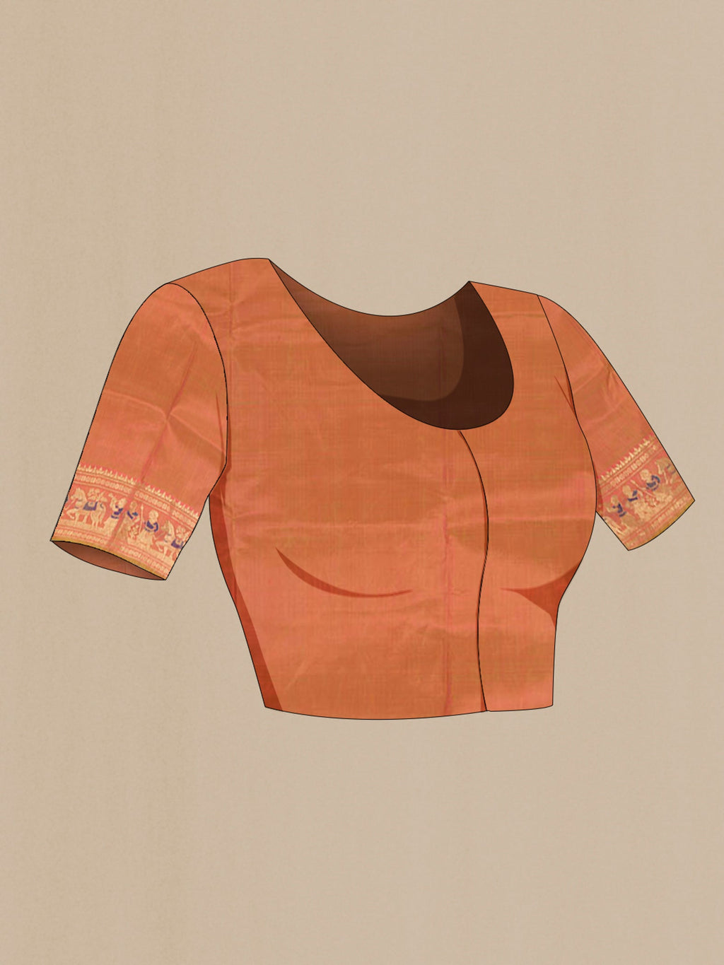 Close up image of the blouse of Peach Baluchari Silk Saree with Zari Butta on the body and Silk Border. 