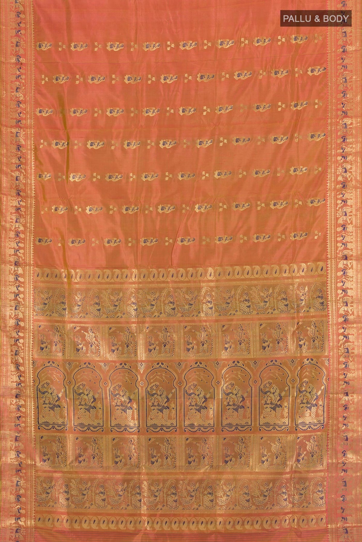 Flat view of Peach Baluchari Silk Saree with Zari Butta on the body and Silk Border. 