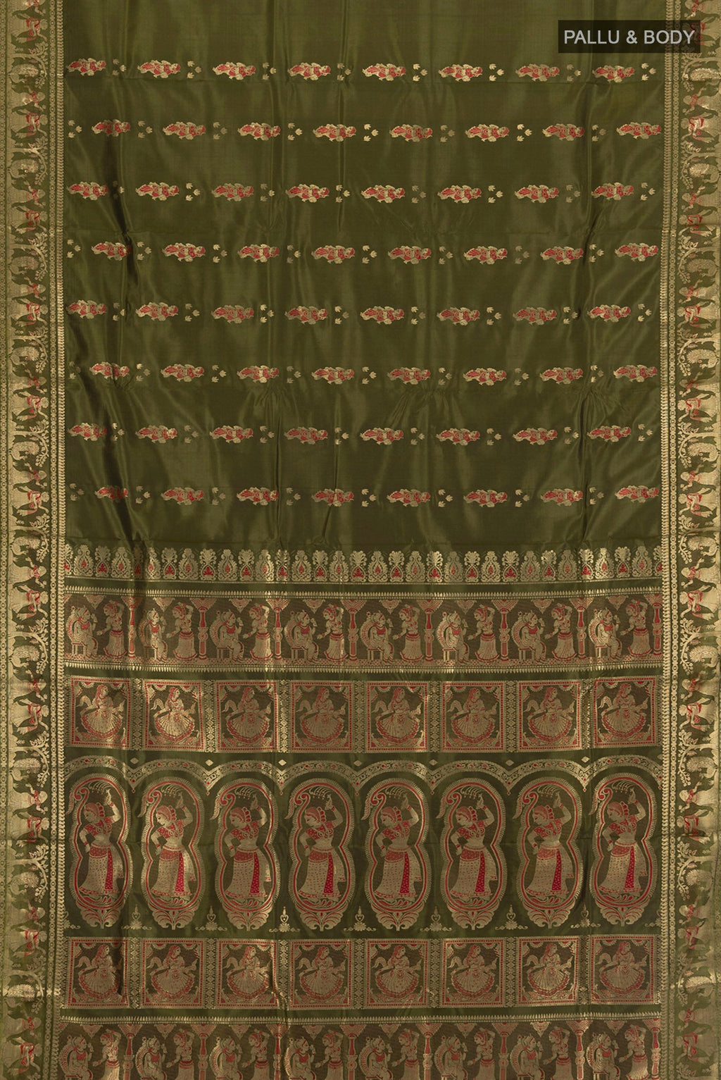 Flat view of Mehandi Green Baluchari Silk Saree with Zari Butta on the body and Zari Border. 