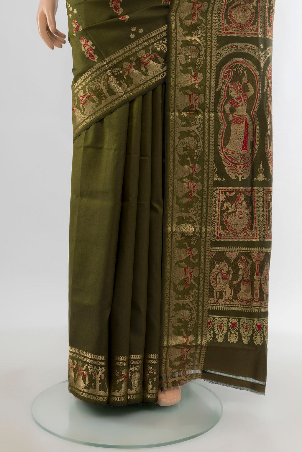 Pleats and pallu of Mehandi Green Baluchari Silk Saree with Zari Butta on the body and Zari Border. 