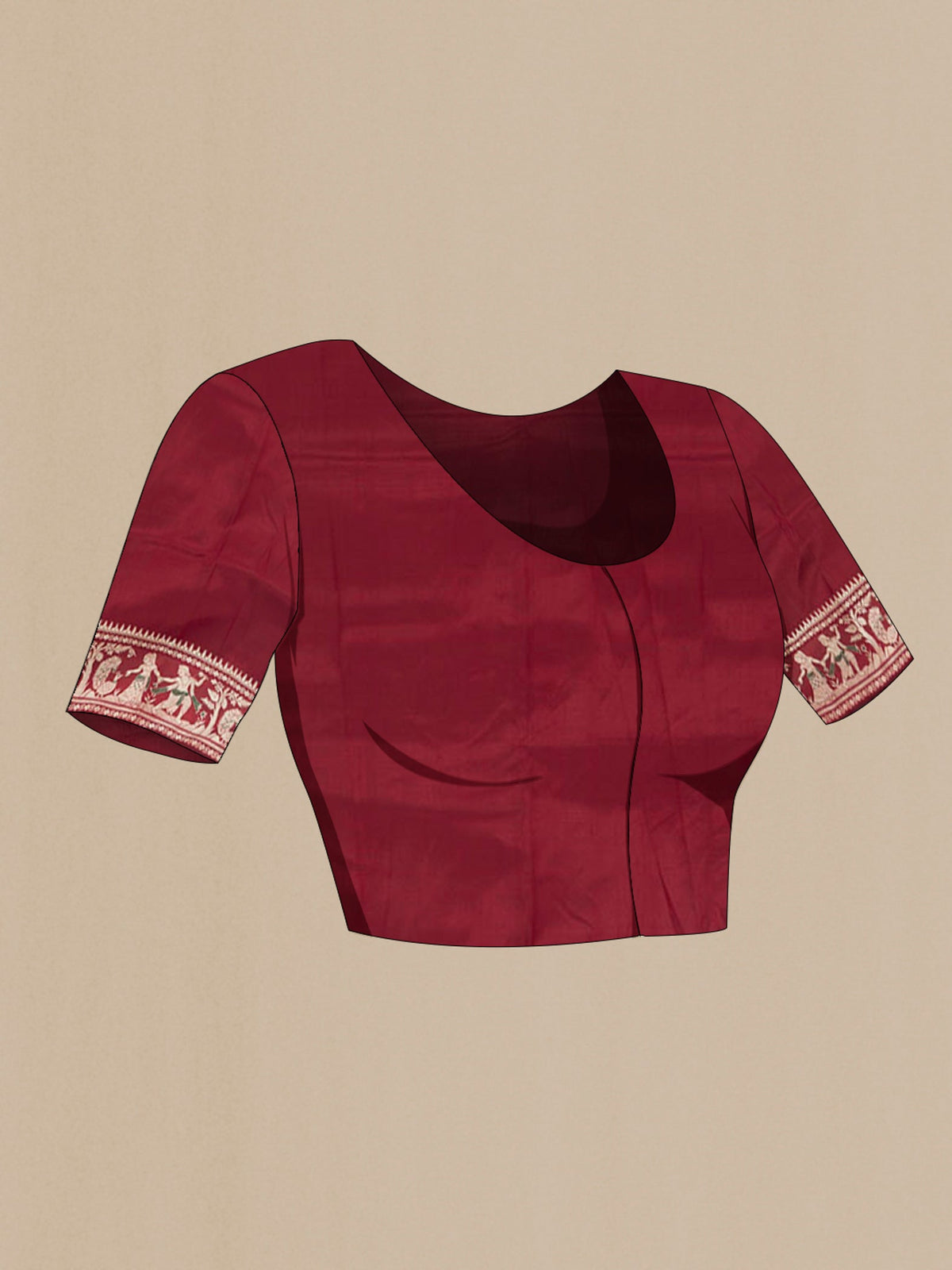 Close up image of the blouse of Maroon Baluchari Silk Saree with Zari Butta on the body and Silk Border. 