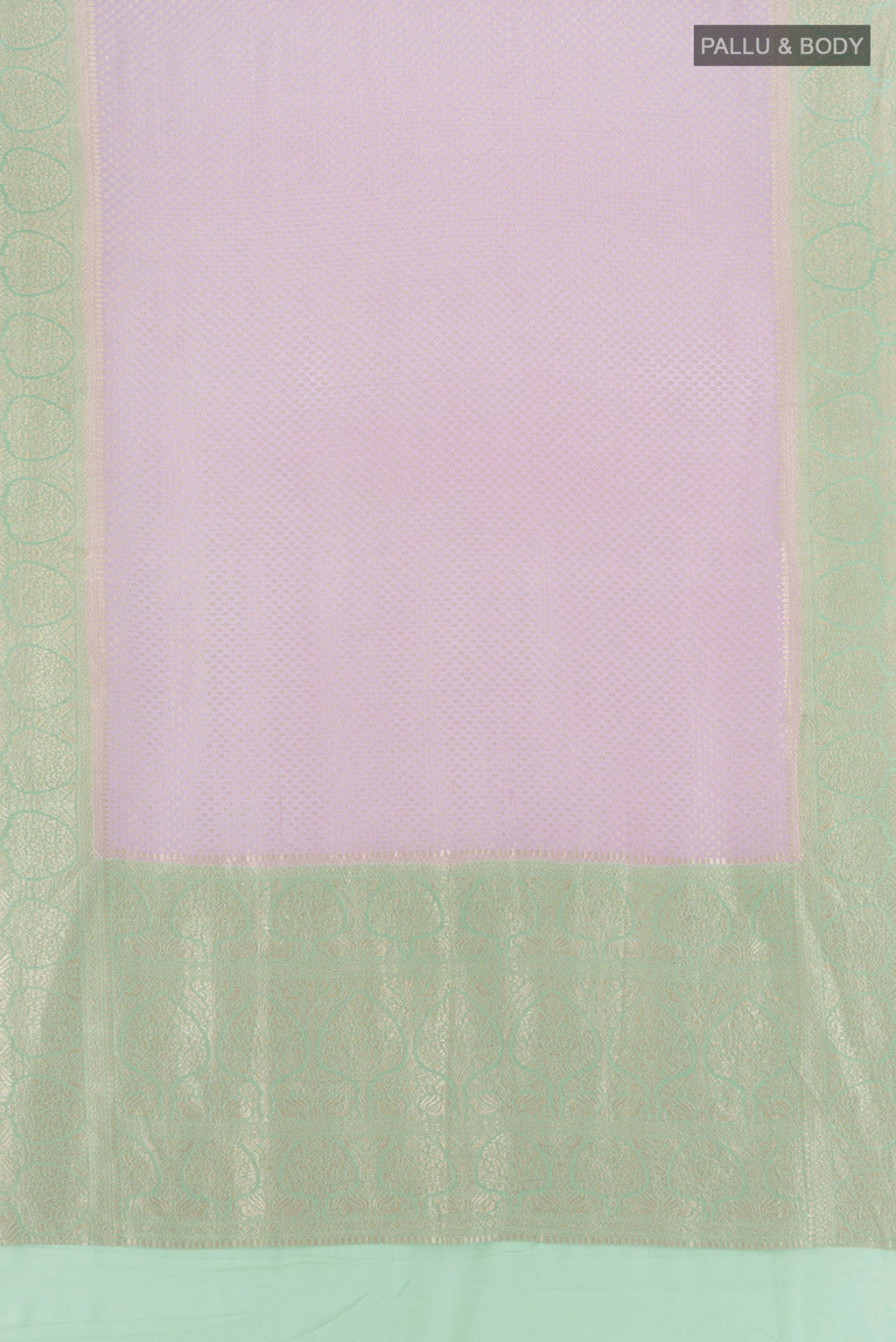 Flat view of Lavender Banarasi Georgette Saree with Zari Butta on the body and Zari Border. 
