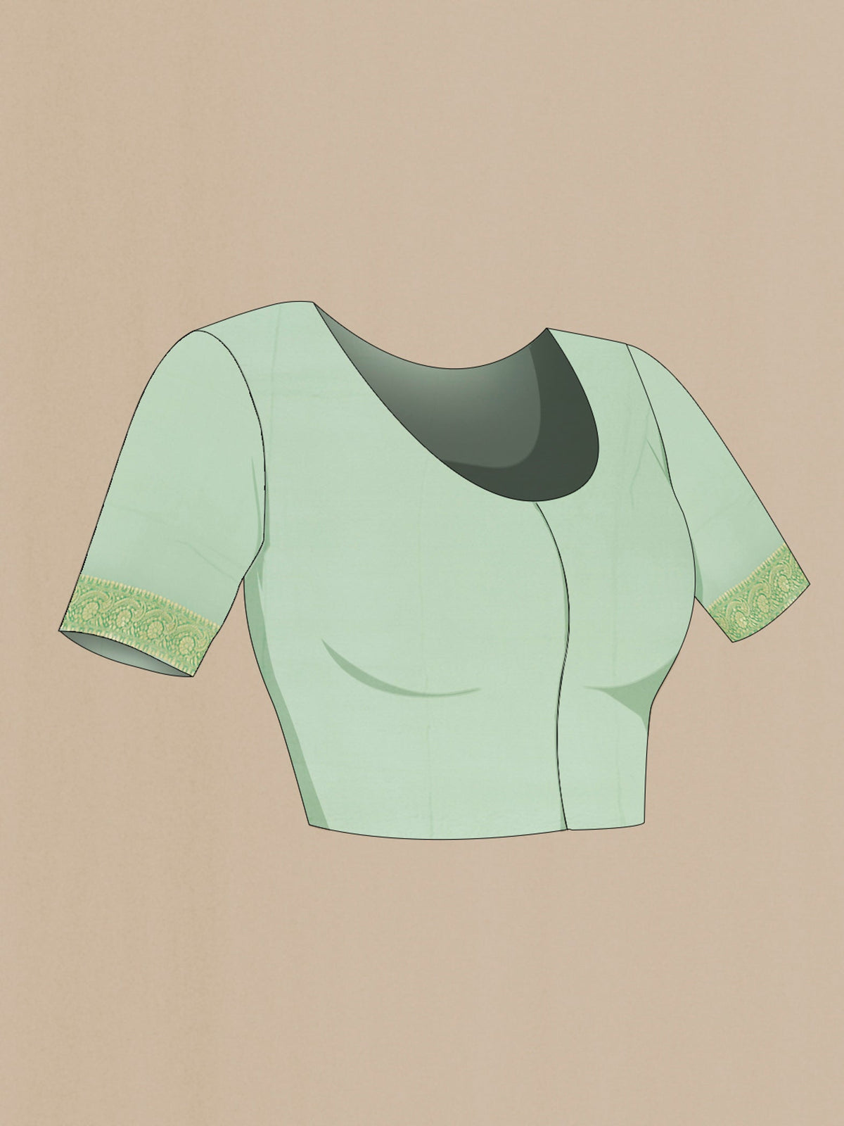 Close up image of the blouse of Light Green Banarasi Georgette Saree with Zari Brocade on the body and Zari Border. 