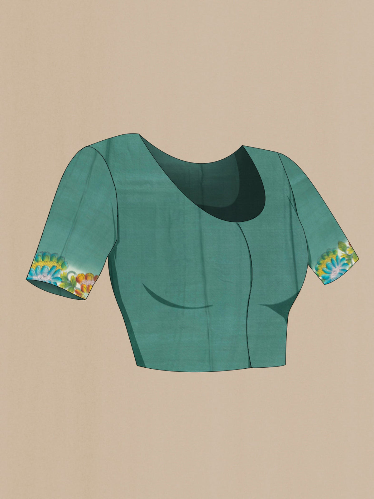 Close up image of the blouse of Teal Tussar Silk Saree with Floral Print on the body and Printed Border. 