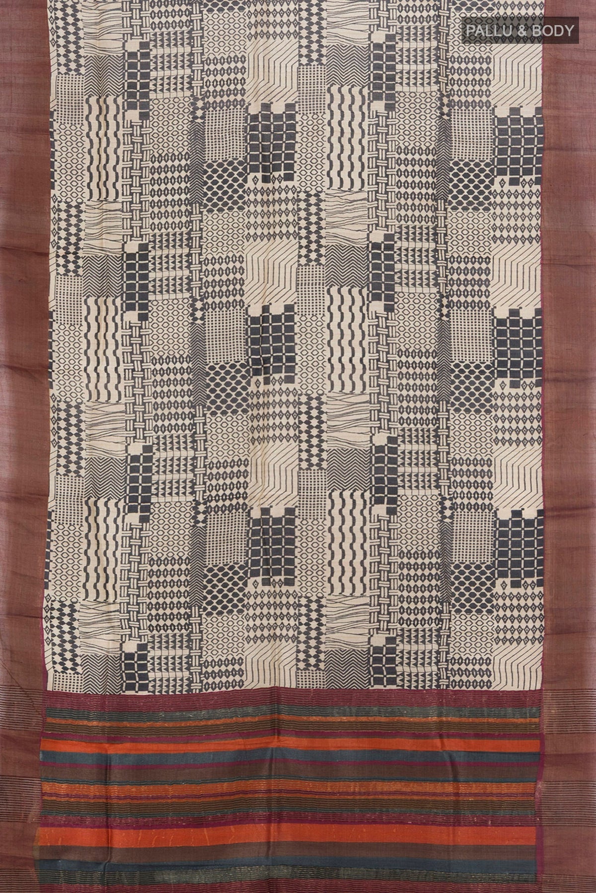 Flat view of Multi Color Tussar Silk Saree with Floral Print on the body and Silk Border. 