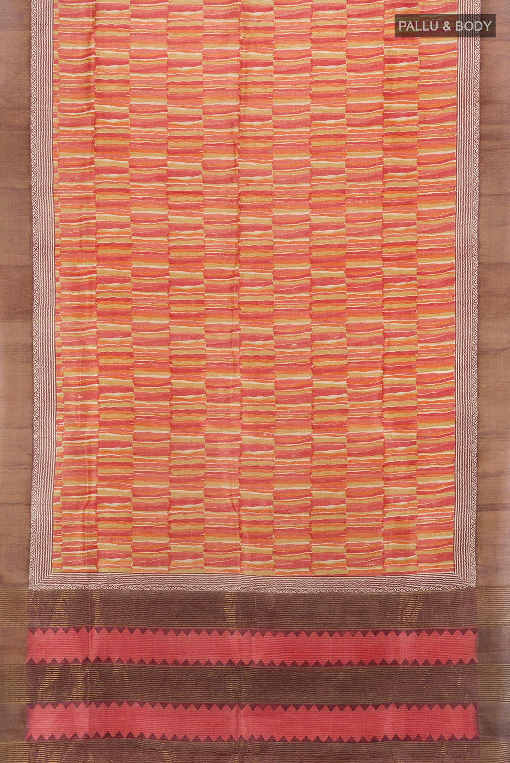 Flat view of Multi Color Tussar Silk Saree with Printed design on the body and Zari Border. 