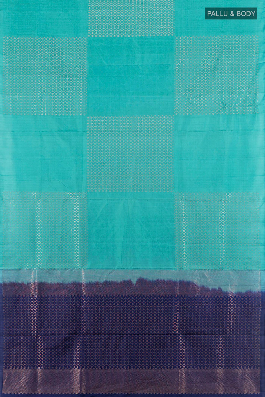 Flat view of Sky Blue Soft Silk Saree with Zari Butta on the body and Without Border. 