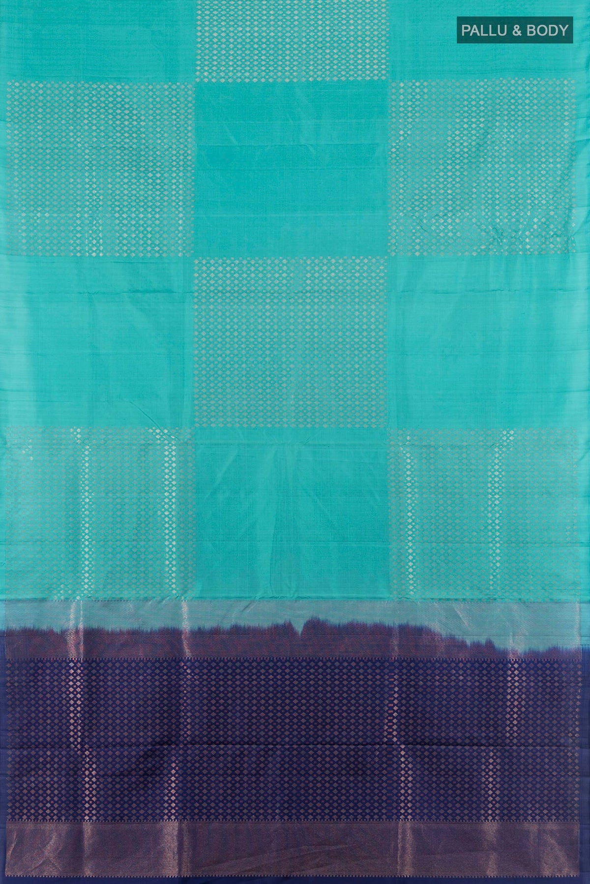 Flat view of Sky Blue Soft Silk Saree with Zari Butta on the body and Without Border. 