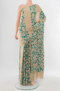 Sandal Kantha Silk Saree with Jacquard With Thread Butta on the body and Embroidery Border.  displayed on a mannequin