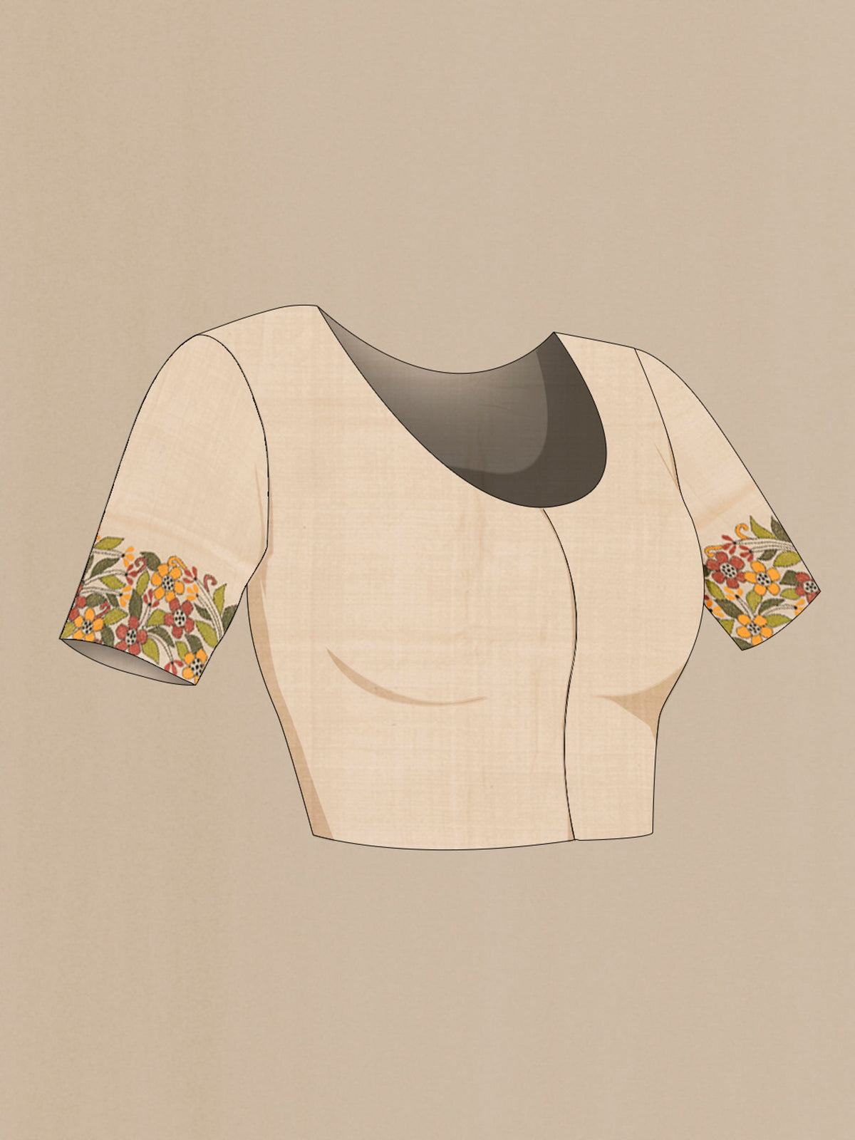 Close up image of the blouse of Beige Tussar Silk Saree with Embroidery on the body and Embroidery Border. 