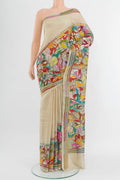 Cream Tussar Silk Saree with Kantha Work on the body and Embroidery Border.  displayed on a mannequin