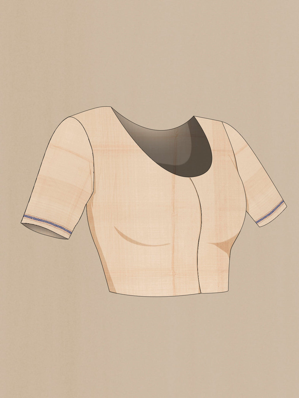 Close up image of the blouse of Beige Tussar Silk Saree with Plain Body and Embroidery Border. 