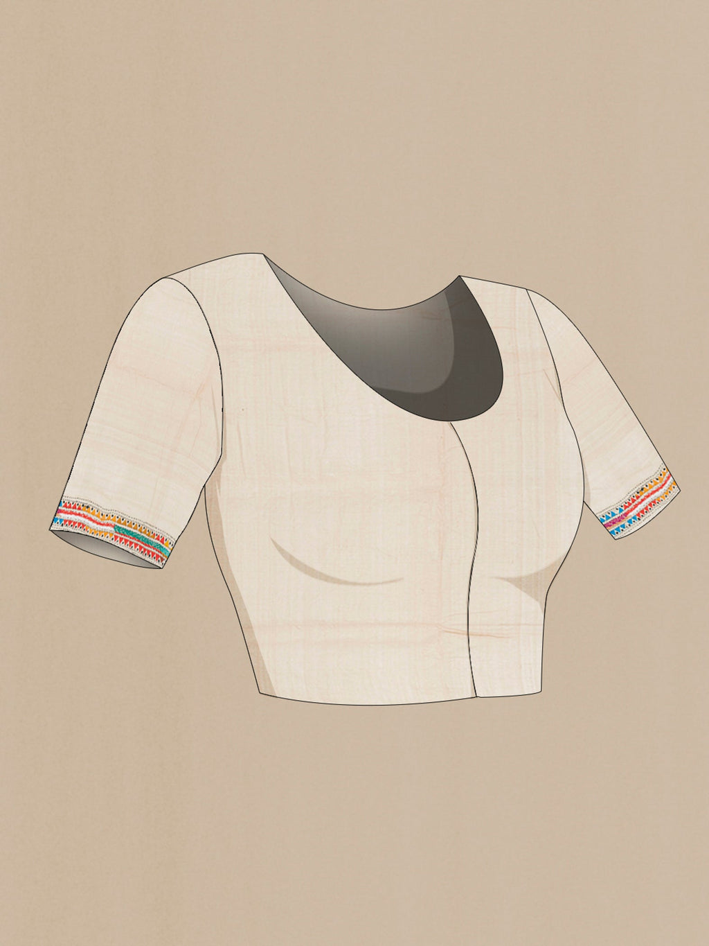 Close up image of the blouse of Cream Tussar Silk Saree with Kantha Work on the body and Embroidery Border. 