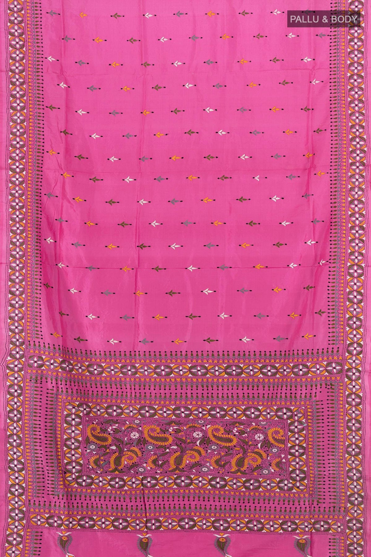 Flat view of Bronze Kantha Silk Saree with Jacquard With Thread Butta on the body and Embroidery Border. 