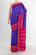 Blue Pochampally Silk Saree with Ikat design on the body and Ikat Border.  displayed on a mannequin