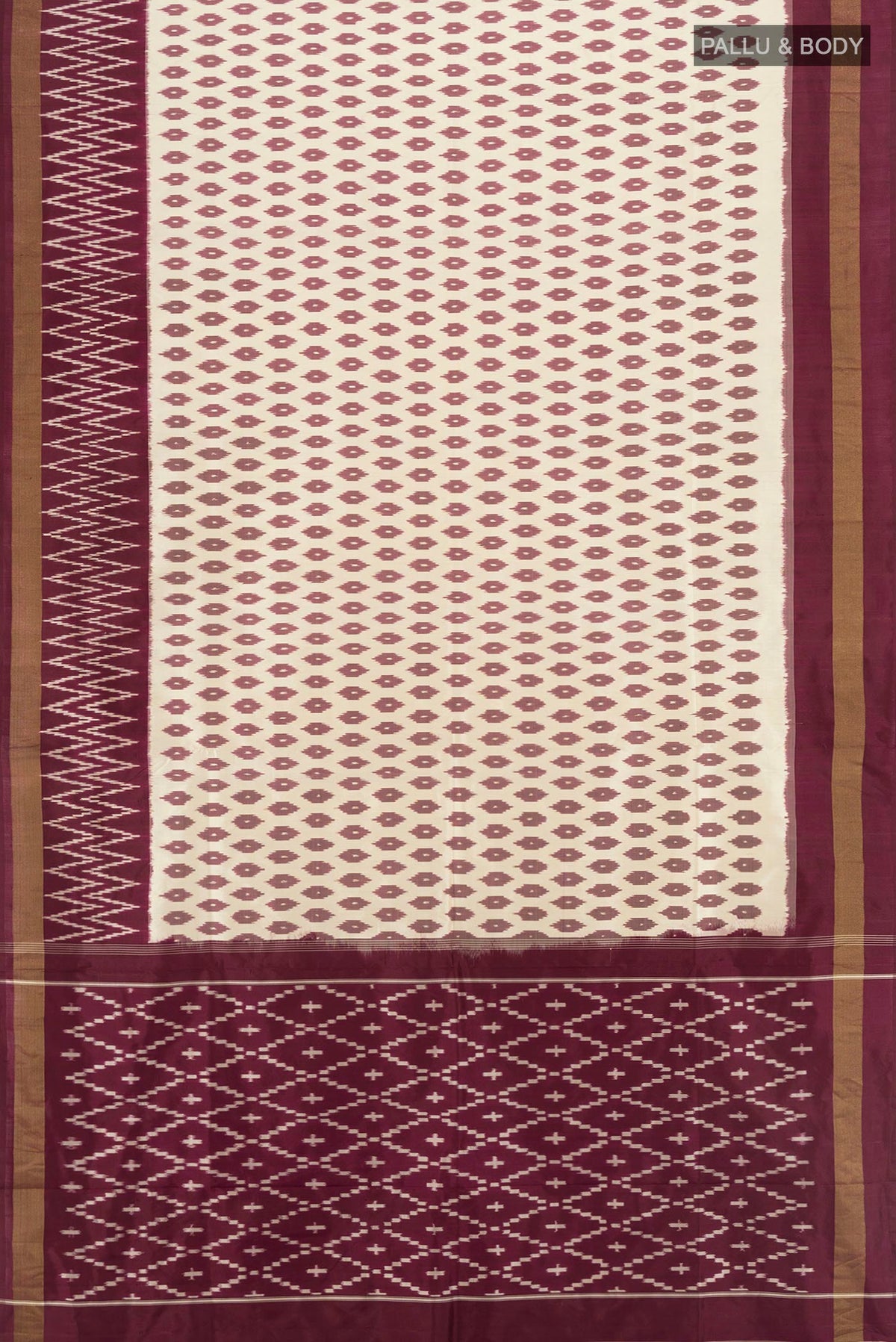 Flat view of Cream Pochampally Silk Saree with Pure Ikat on the body and Ikat Border. 