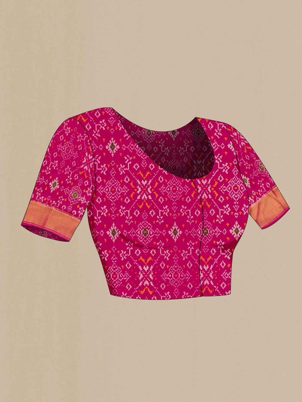 Close up image of the blouse of White Pochampally Silk Saree with Plain Body and Ikat Border. 