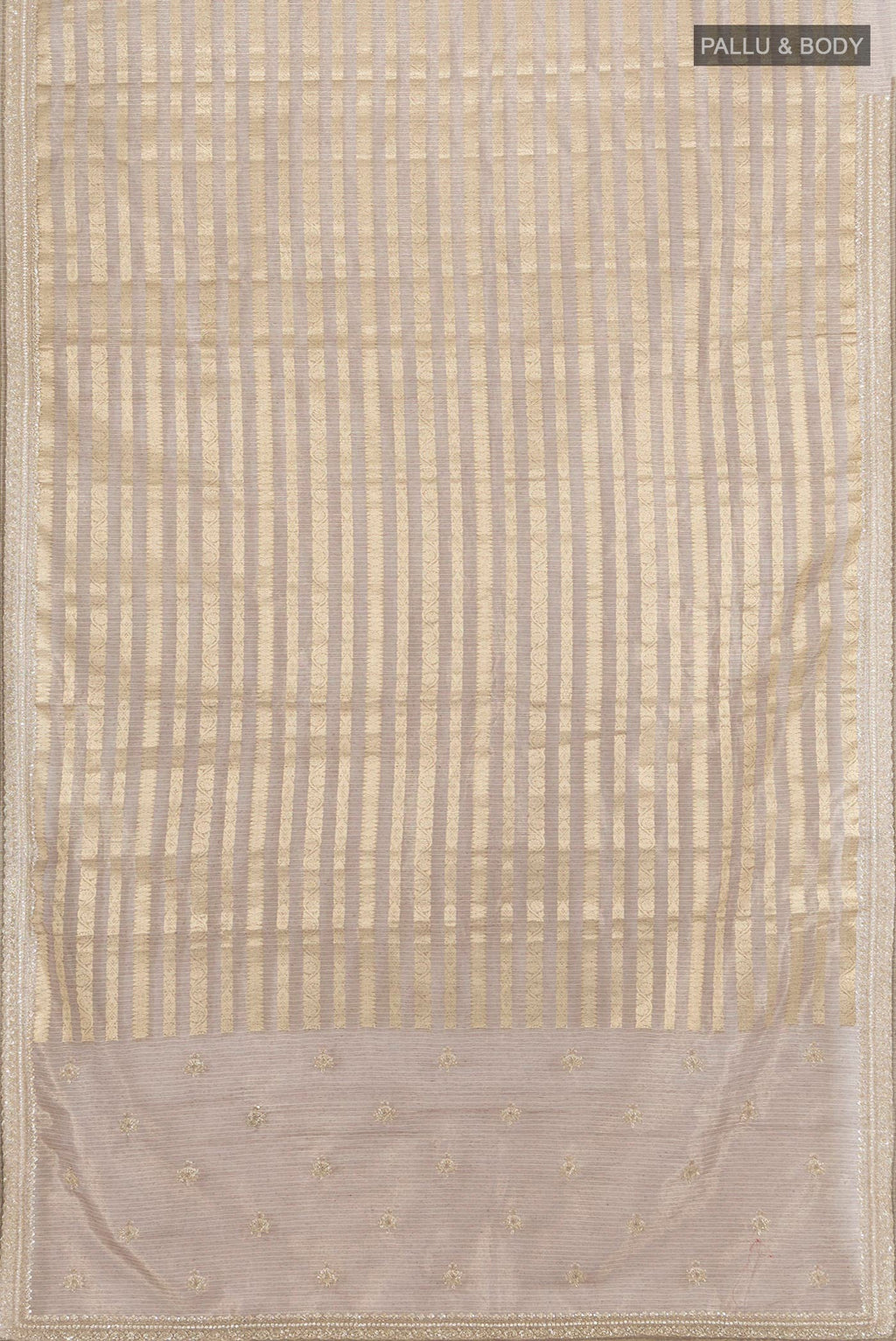 Flat view of Golden Art Silk Saree with Stripes on the body and Embroidery Border. 