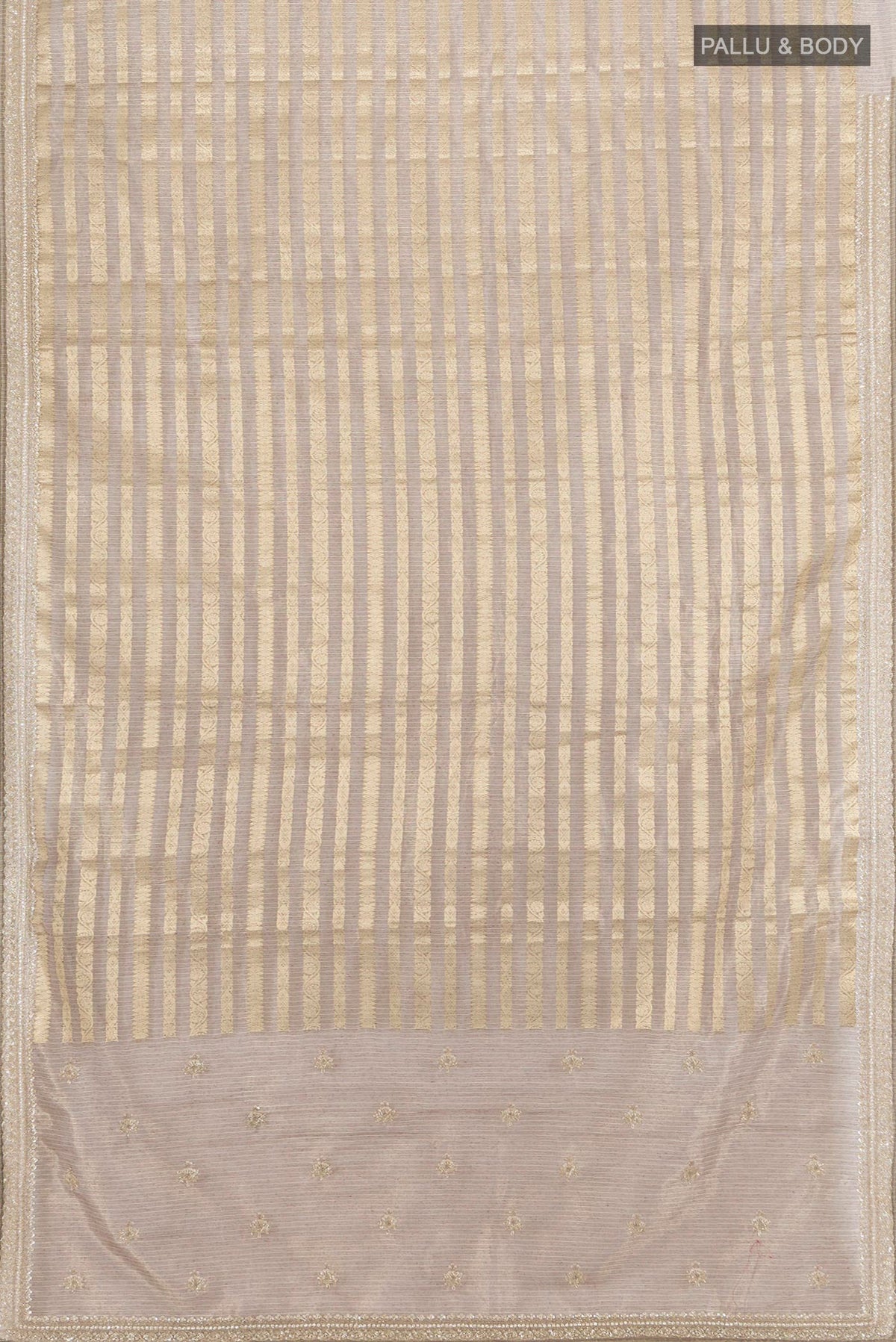 Flat view of Golden Art Silk Saree with Stripes on the body and Embroidery Border. 