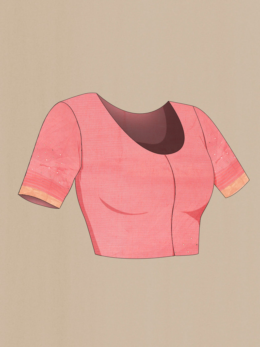 Close up image of the blouse of Pink Tussar Silk Saree with Embroidery on the body and Zari Border. 