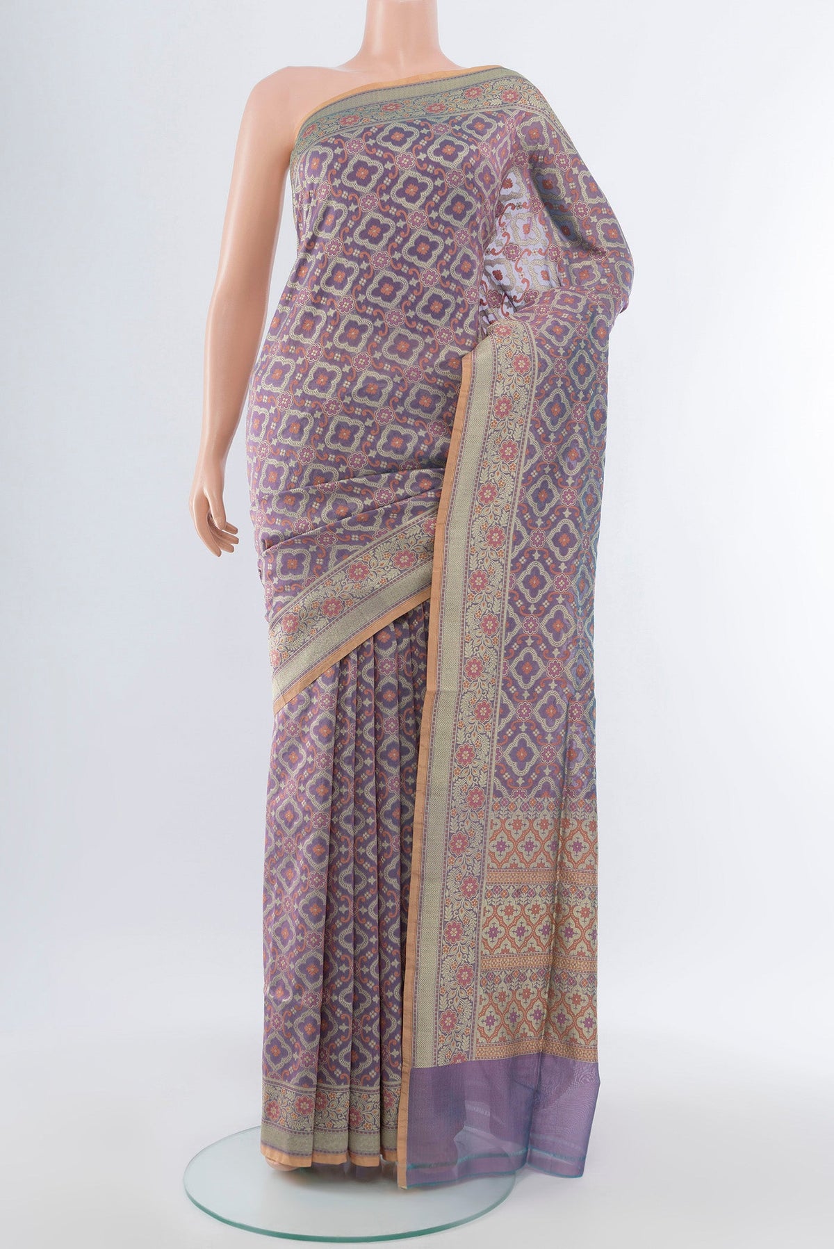 Multi Color Banarasi Silk Saree with Zari Butta on the body and Silk Border.  displayed on a mannequin