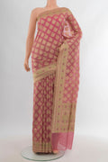 Pink Banarasi Silk Saree with Zari Butta on the body and Zari Border.  displayed on a mannequin