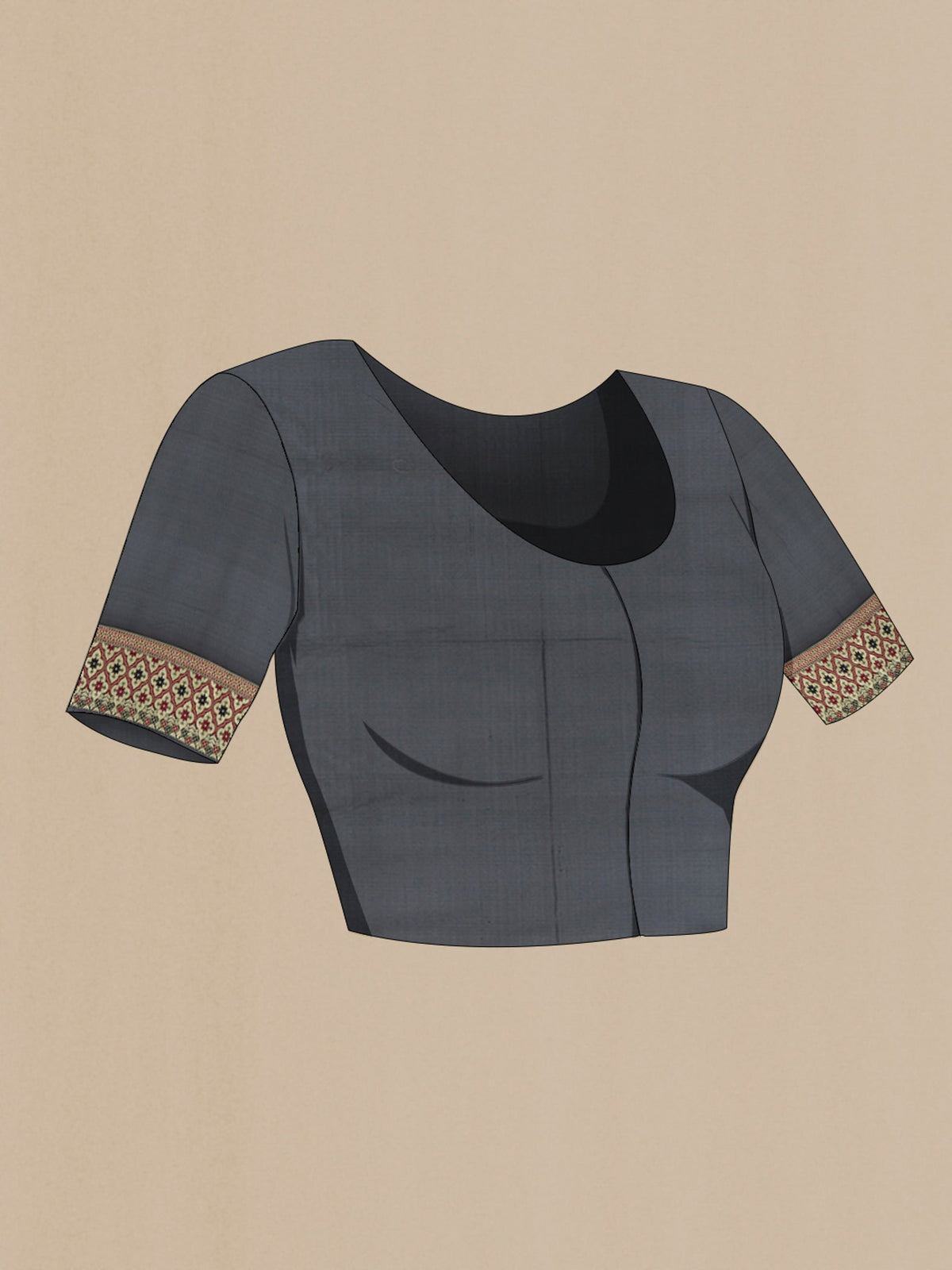 Close up image of the blouse of Black Banarasi Silk Saree with Zari Butta on the body and Zari Border. 