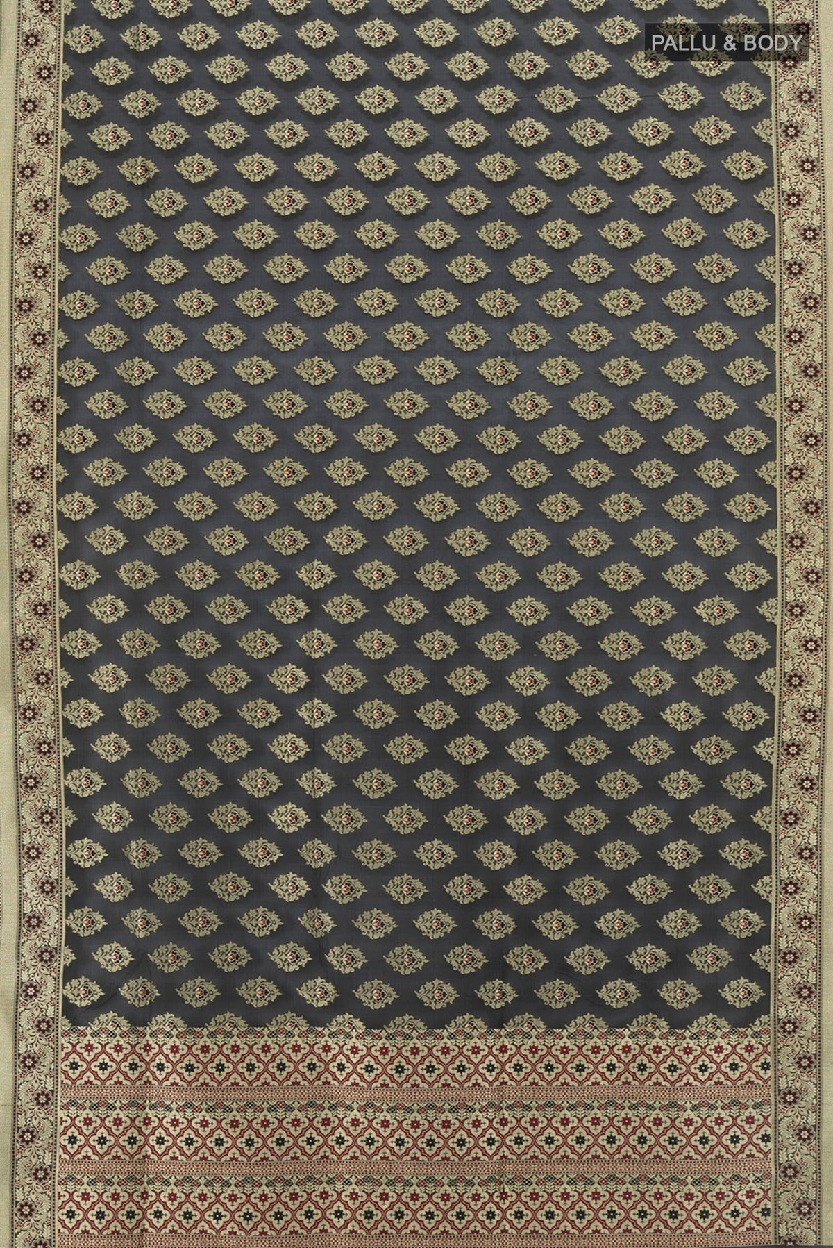 Flat view of Black Banarasi Silk Saree with Zari Butta on the body and Zari Border. 