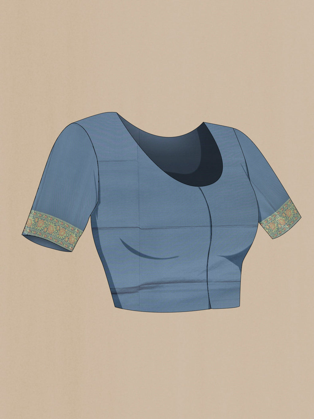 Close up image of the blouse of Davys Grey Banarasi Silk Saree with Zari Butta on the body and Zari Border. 